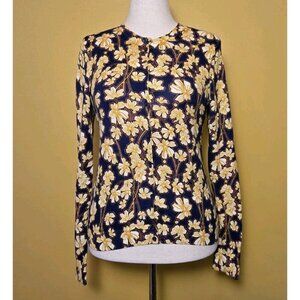 J Crew Caryn Cardigan Floral‎ Yellow Black Red Medium F4734 FA16 Button Cotton